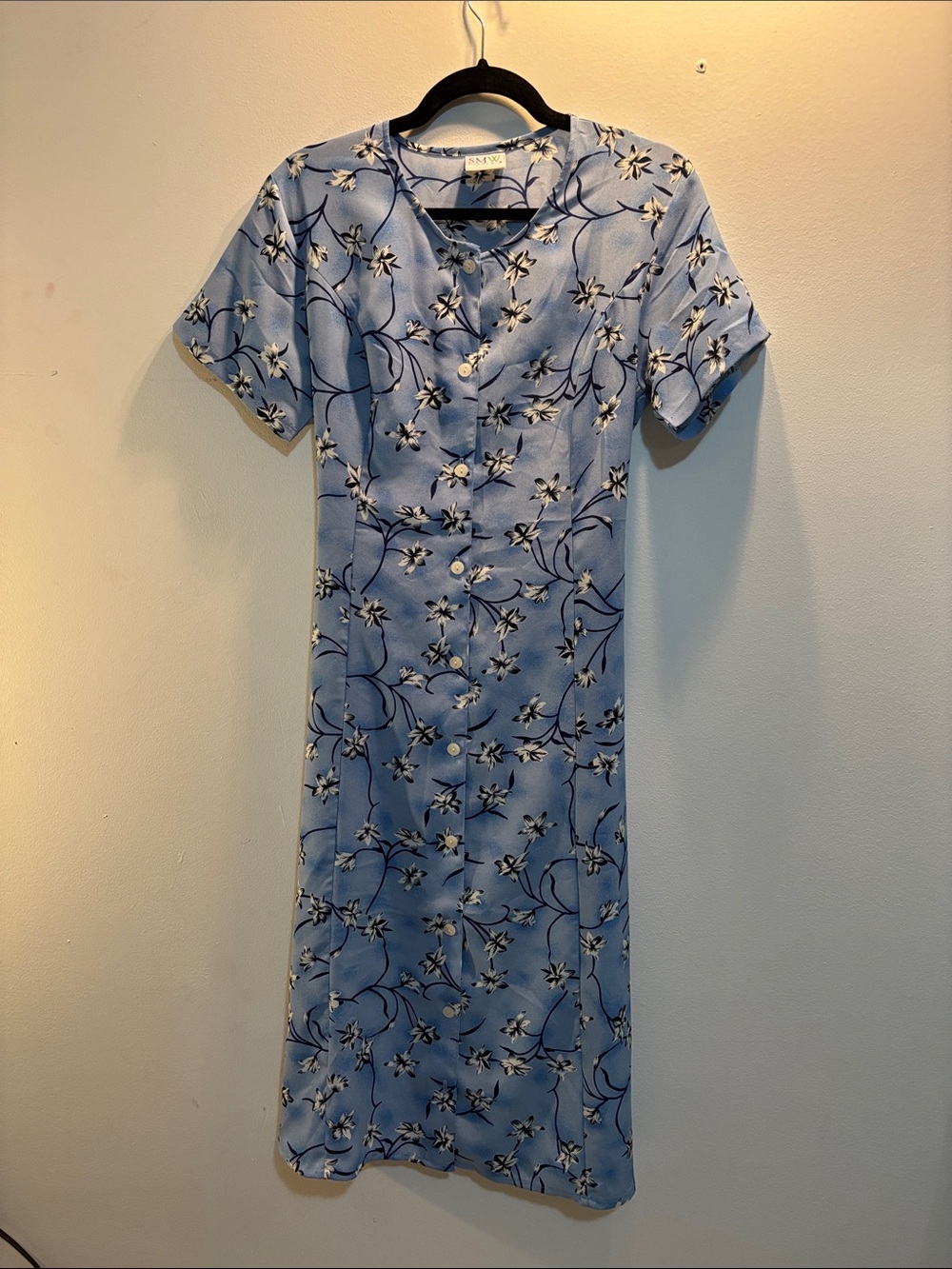 Vintage Light Blue Floral Button-Front Midi Dress